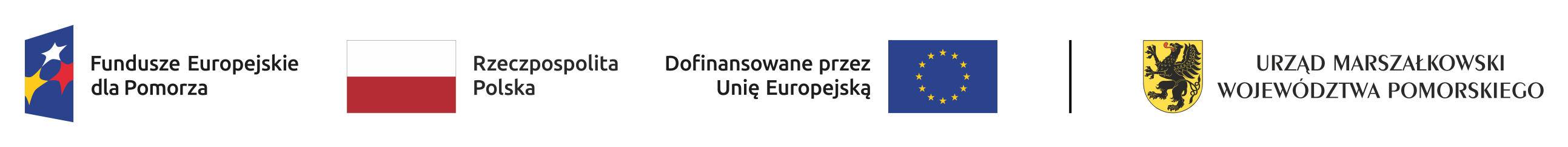 Pasek znaków programu regionalnego Fundusze Europejskie dla Pomorza, flagi Polski, flagi Unii Europejskiej i godła Urzędu Marsałkowskiego Województwa Pomorskiego