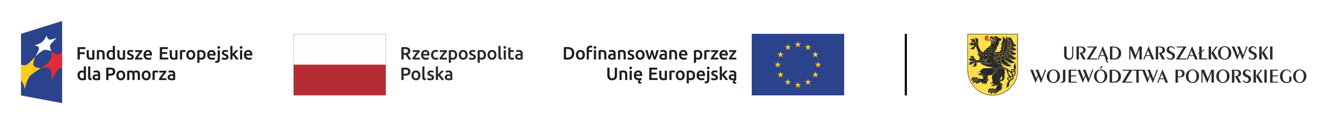 Ciąg czterech logotypów w kolejności od lewej: 1. Fundusze Europejskie dla Pomorza, 2. Rzeczpospolita Polska, 3. Dofinansowane przez Unię Europejską, 4. Urząd Marszałkowski Województwa Pomorskiego