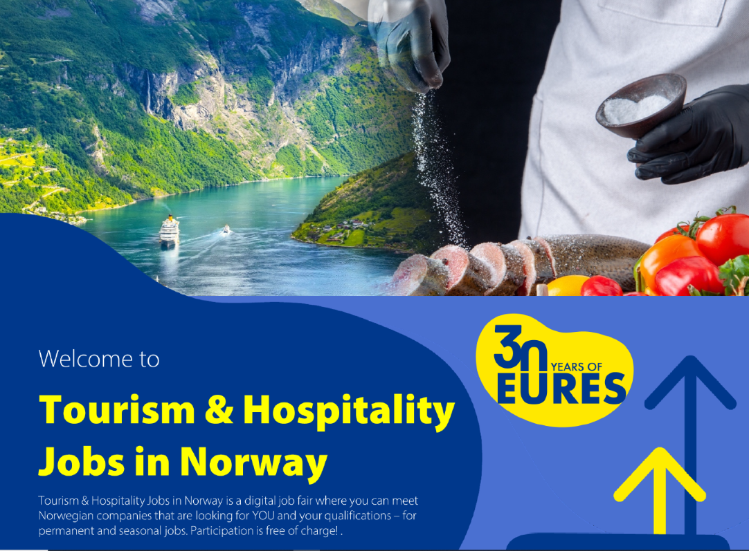 Plakat promujący targi pracy on line w Norwegii w dniu 13 marca 2024 r. w branżach: turystycznej i hotelowo - gastronomicznej