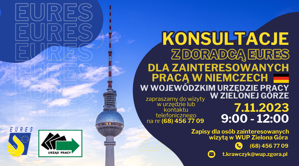 Plakat promujący konsultacje z doradcą EURES z Niemiec, 7.11.2023 r. w WUP w Zielonej Górze