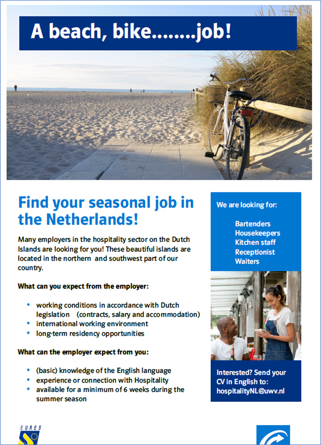Plakat reklamujący rekrutacje do pracy sezonowej w Holandii na sezon letni 2023. Praca w branży hotelowo- gastronomicznej na Wyspach Holenderskich