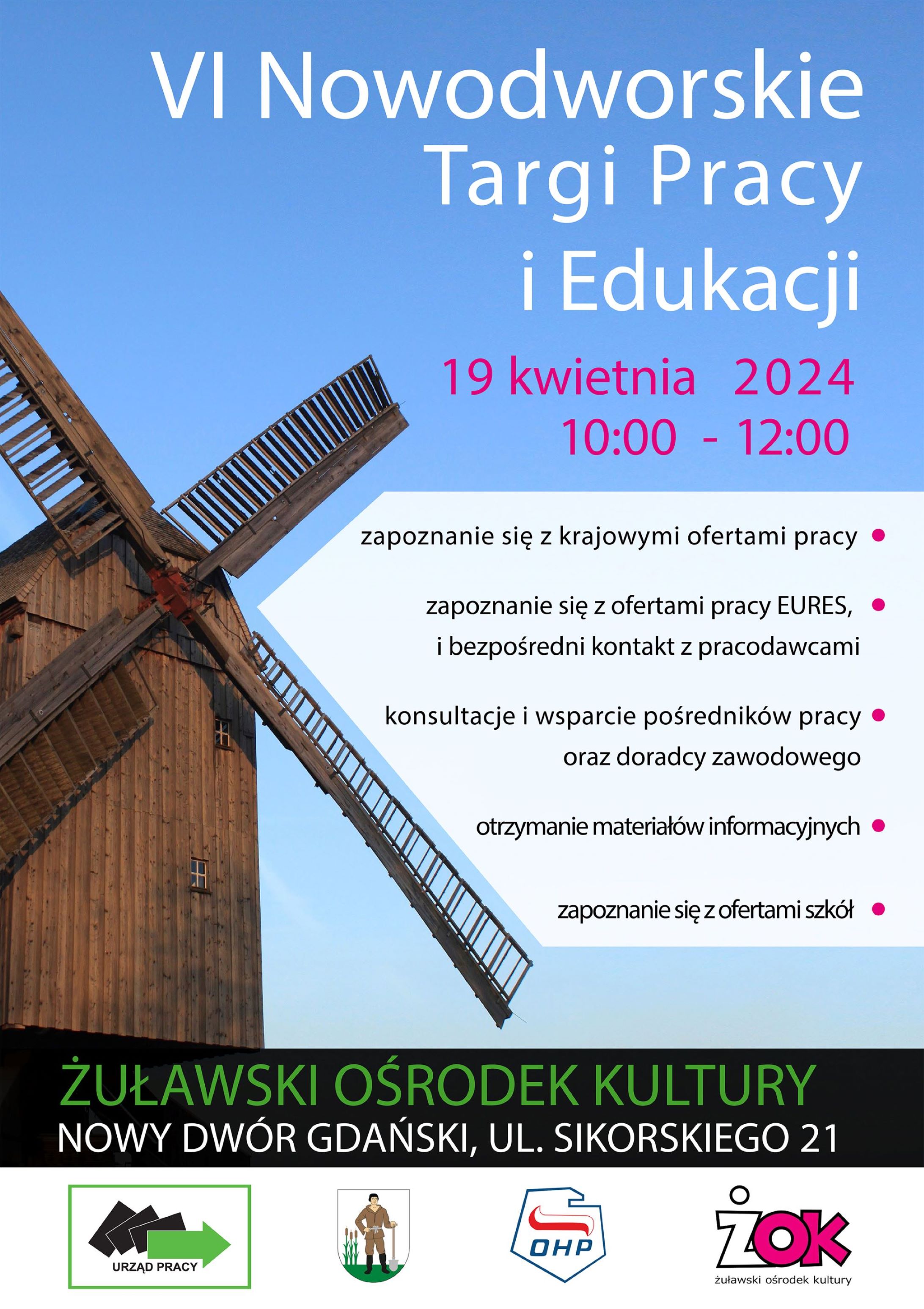 Plakat promujący targi pracy w Nowym Dworze Gdańskim w dniu 19 kwietnia br.