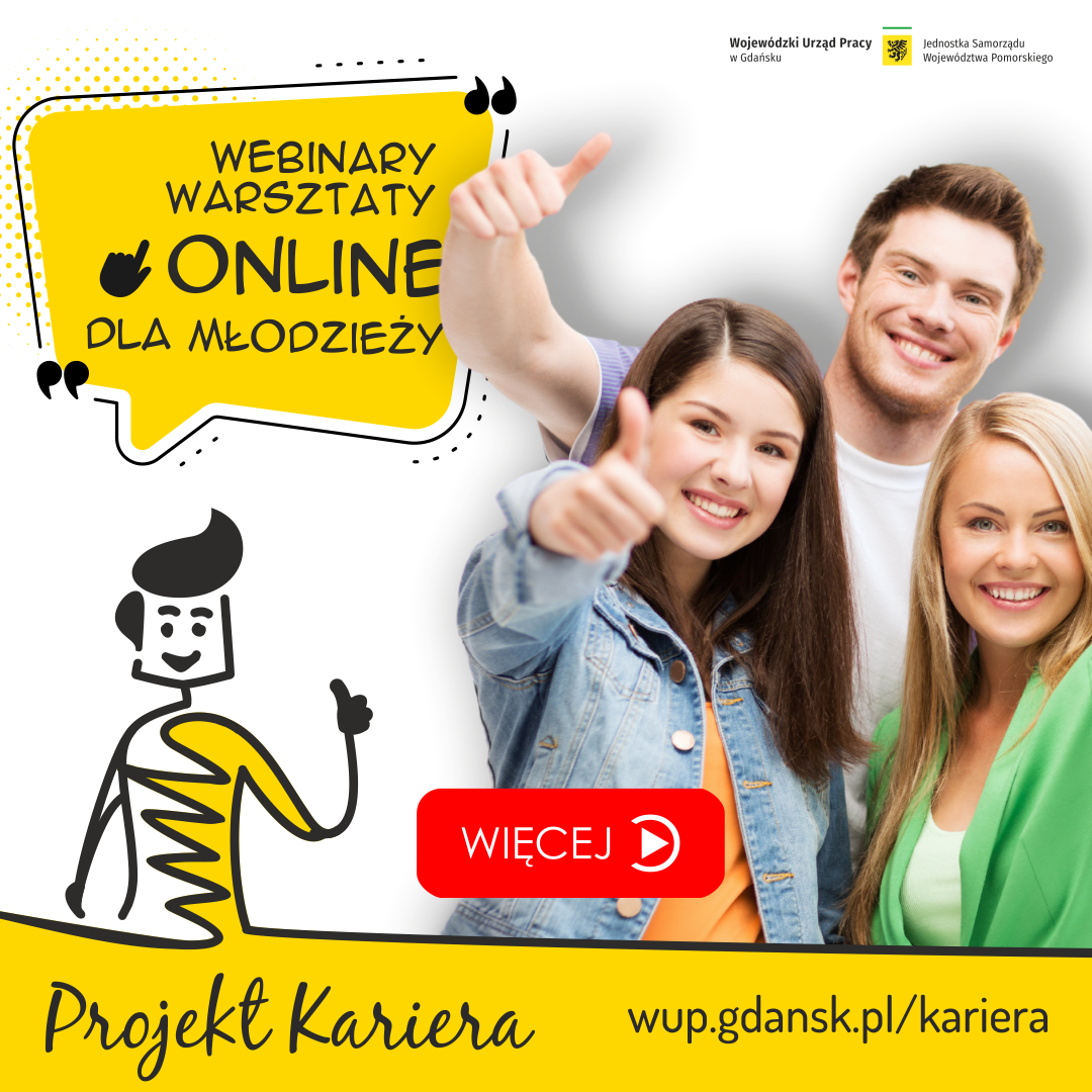 zdjęcie 3 młodych ludzi z podpisem projekt kariera - webinary warsztaty online dla młodzieży