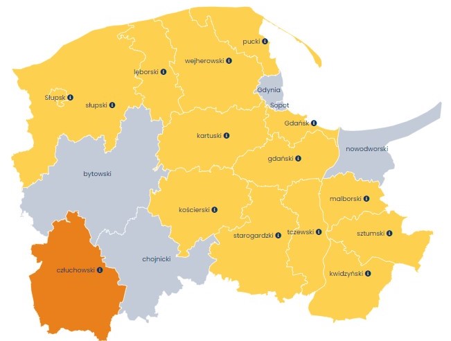 Mapa województwa pomorskiego z podziałem na powiaty