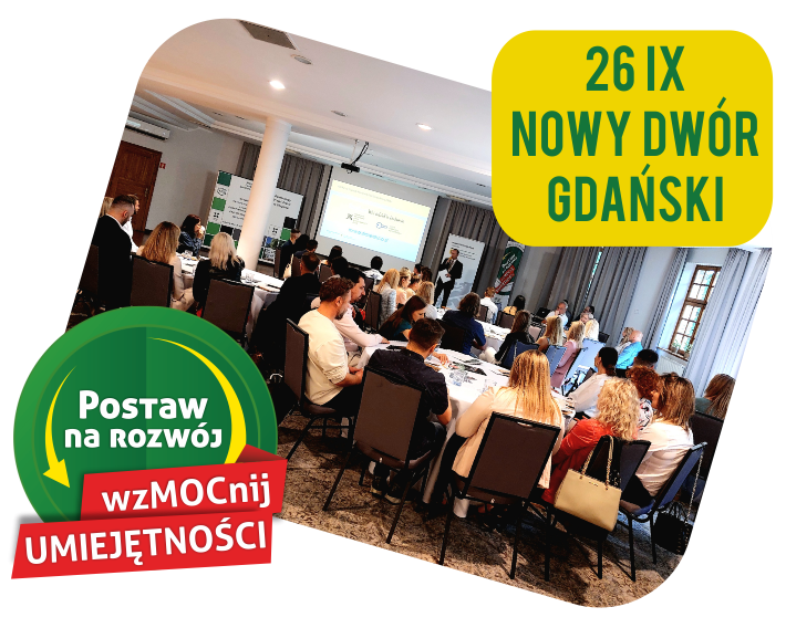 Grafika przedstawia osoby na spotkaniu. W dolnym lewym rogu grafika z hasłem Postaw na rozwój wmzocnij umiejętności. W górnym prawym rogu data i miejsce planowanego spotkania