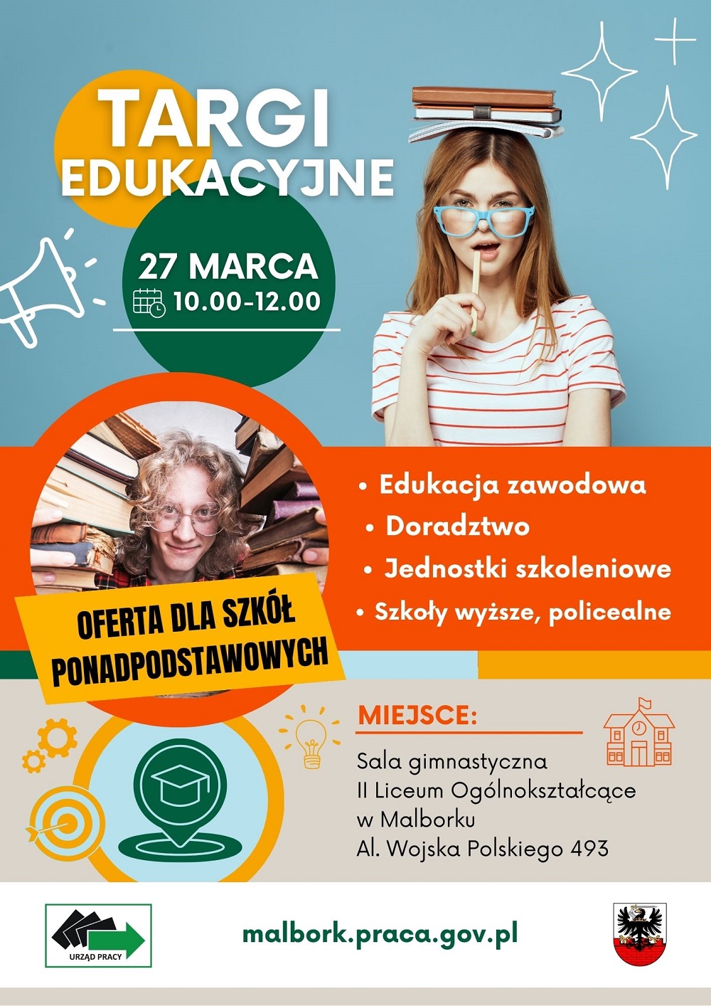 plakat reklamujący targi edukacyjne w Malborku w dniu 27.03.2024 roku