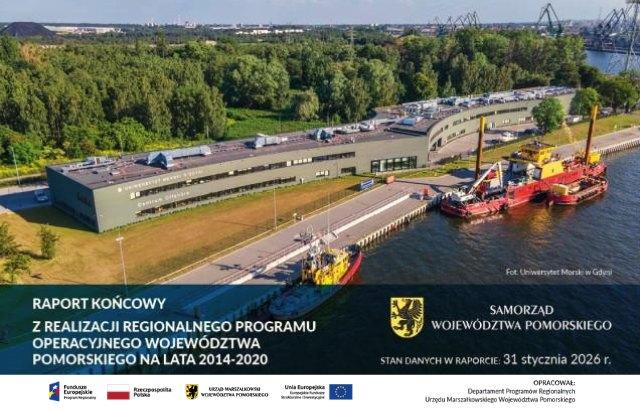 Grafika dotyczy Raportu końcowego z realizacji Regionalnego Programu Operacyjnego Województwa Pomorskiego 2014-20. Przedstawia budynek Uniwersytetu Morskiego w Gdyni, z nadbrzeżem i cumującymi statkami. Poniżej napis dotyczący raportu, godło Gryfa i napis Samorządu Województwa Pomorskiego i ciąg znaków Funduszy Europejskich, flagi RP, UMWP i UE.