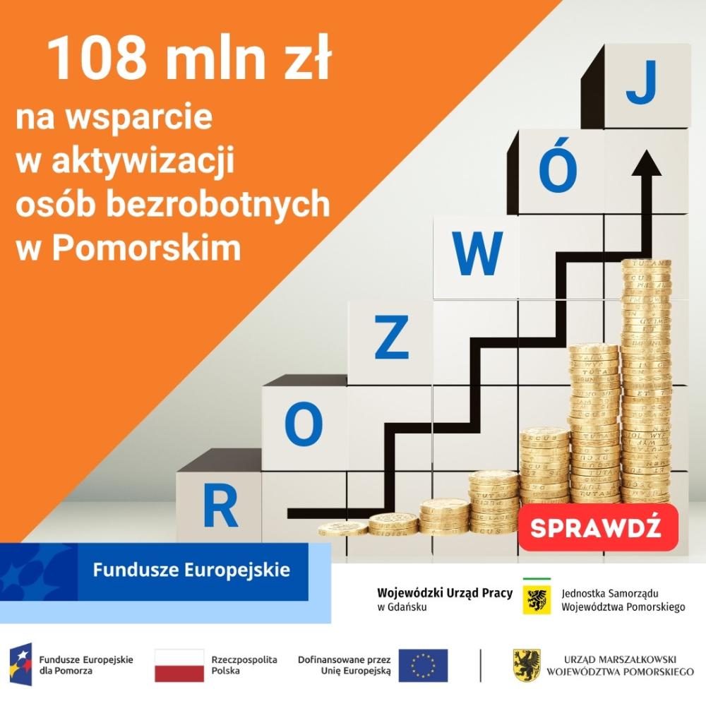 Grafika dotyczy Funduszy Europejskich dla Pomorza. Przedstawia: napis 108 mln zł na wsparcie w aktywizacji bezrobotnych w Pomorskim, schody z napisem rozwój, znaki funduszowe i urzędu
