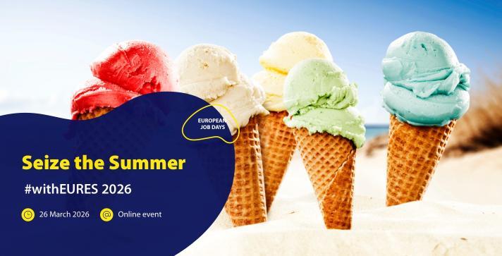 Plakat promujący targi pracy on line "Seize the summer 2026". Na plakacie kolorowe kulki lodów umieszczone na wafelkach oraz informacje o terminie targów