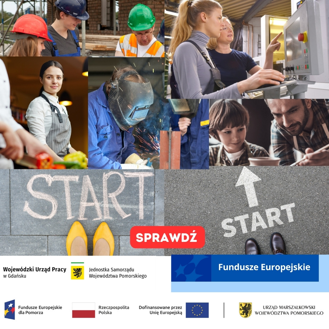 Obraz przekierowuje do tekstu o efektach projektów wspierających osoby bezrobotne. Na grafice przedstawiono napis - Czy wiesz że ... Fundusze Europejskie dla Pomorza wspierają rozwój zawodowy i przedsiębiorczość mieszkańców, a poniżej tekstu są zdjęcia osób w różnych zawodach.