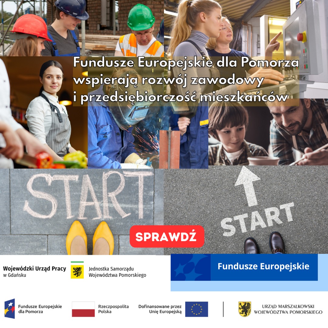 Obraz przekierowuje do tekstu o efektach projektów wspierających osoby bezrobotne. Na grafice przedstawiono rózne zawody i napis -  Fundusze Europejskie dla Pomorza wspierają rozwój zawodowy i przedsiębiorczość mieszkańców