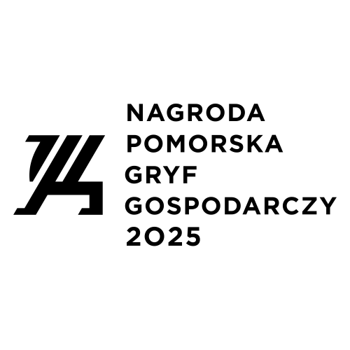 Grafika dotyczy konkursu Nagrody Pomorskiej Gryf Gospodarczy 2025. Przedstawia znak gryfa i nazwę konkursu.