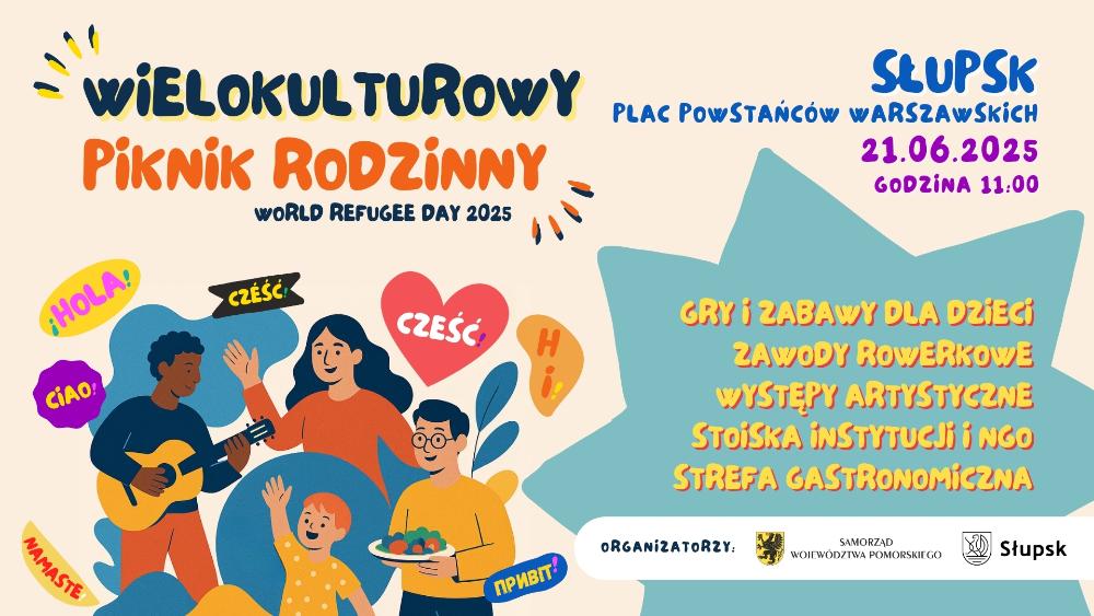 Grafika promuje Wielokulturowy Piknik Rodzinny, który odbędzie się 21 czerwca 2025 roku w Słupsku. Rozpoczęcie od godziny 11:00