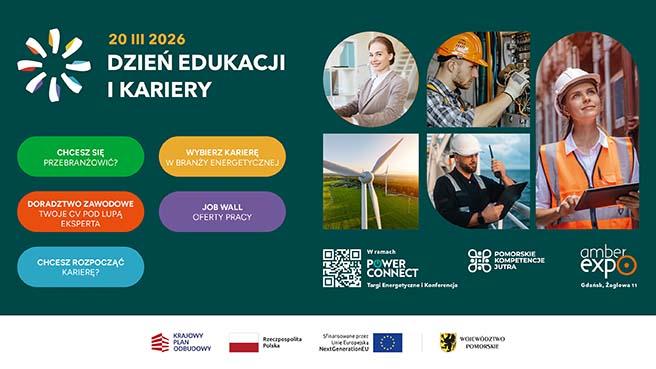 Grafika promująca Dzień Edukacji i Kariery podczas targów Power Connect 2026. Po lewej stronie widnieje data: 20.03.2026 oraz napis: Dzień Edukacji i Kariery. Po prawej stronie grafika przedstawia pracowników różnych branż.