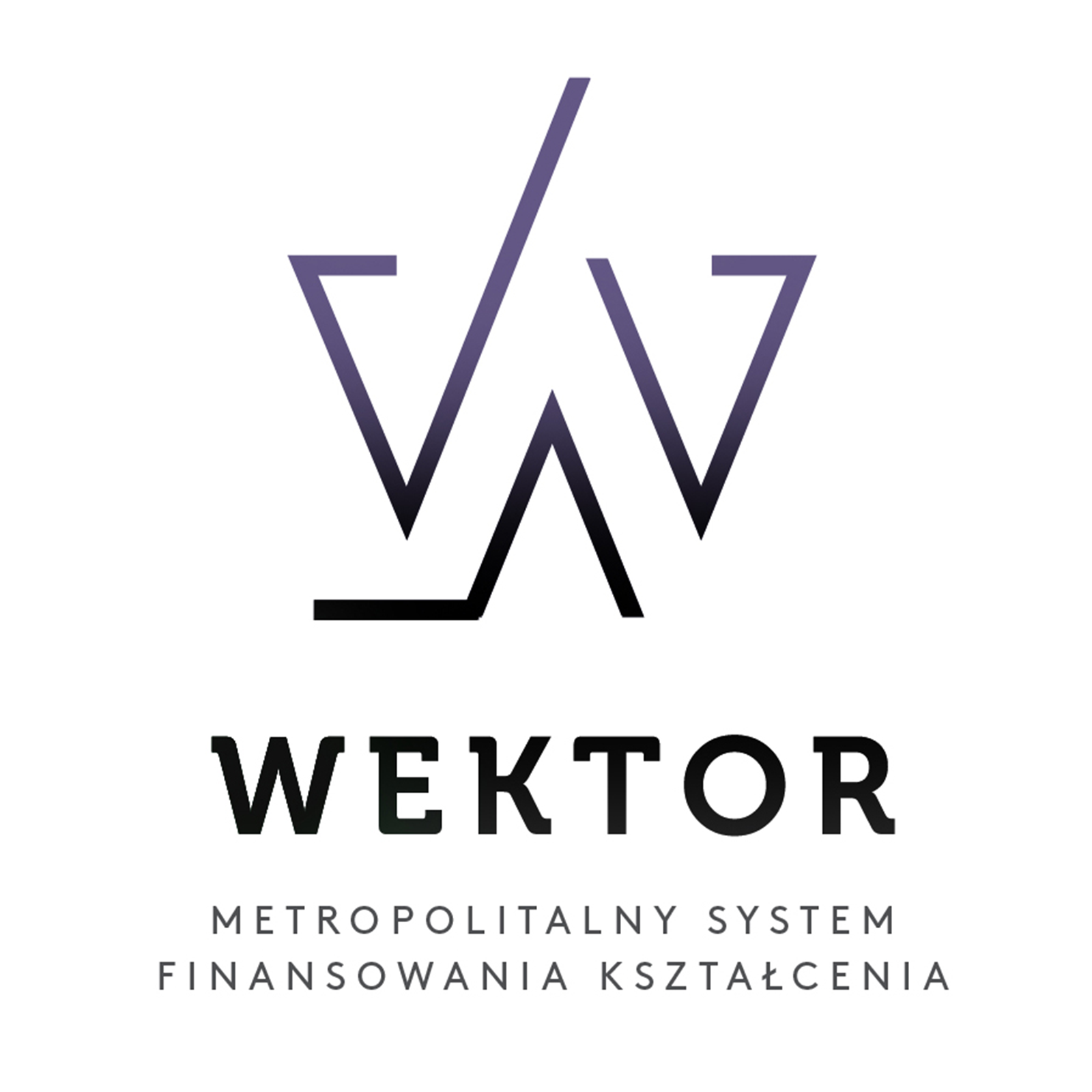 Grafika przedstawia znak projektu. Na górze znaku dwa znaki V a pomiędzy nimi niżej ustawiony odwrotnie znak V. Poniżej pełna nazwa projektu: WEKTOR Metropolitalny System Finansowania Kształcenia